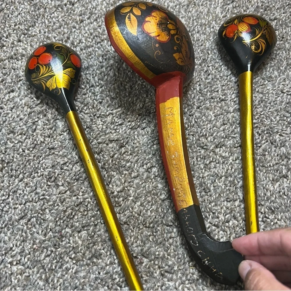 vintage painted lacquered spoons Russian Khokhloma ladle large spoon lot